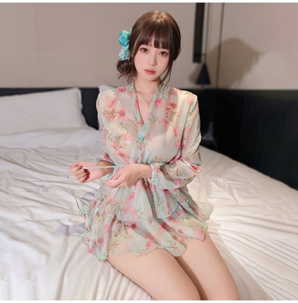 FEE ET MOI - French V-Neck Tie Print Dress (Green)